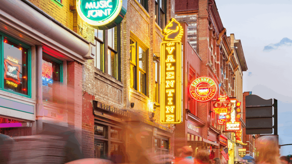 Brightly lighted neon signs on Broadway in Nashville