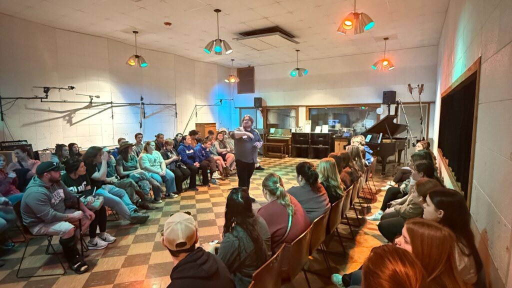 students listening to a guide at historic RCA Studio B
