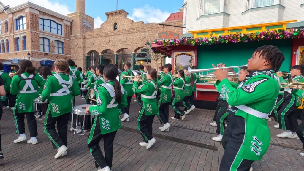 Band students marching in a parade