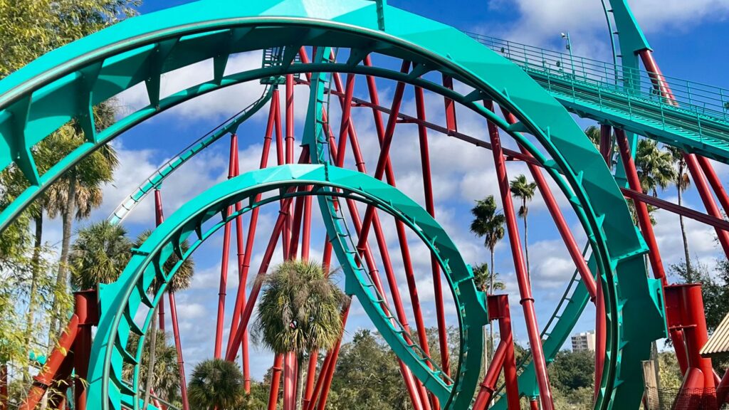 image of a green and red steel roller coaster at Busch Gardens Tampa Bay