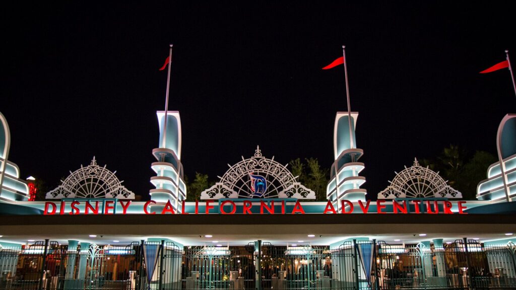 exterior shot of entrance to California Adventure at night