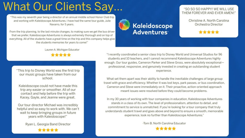 Blue and white graphic with client reviews