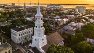 arial view of the city of Charleston at sunset
