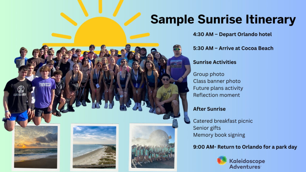 student group with sunrise graphic in the background and a sample itinerary printed on the right side of the page