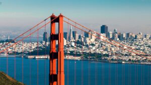 san fran skyline featuring golden gate bridge