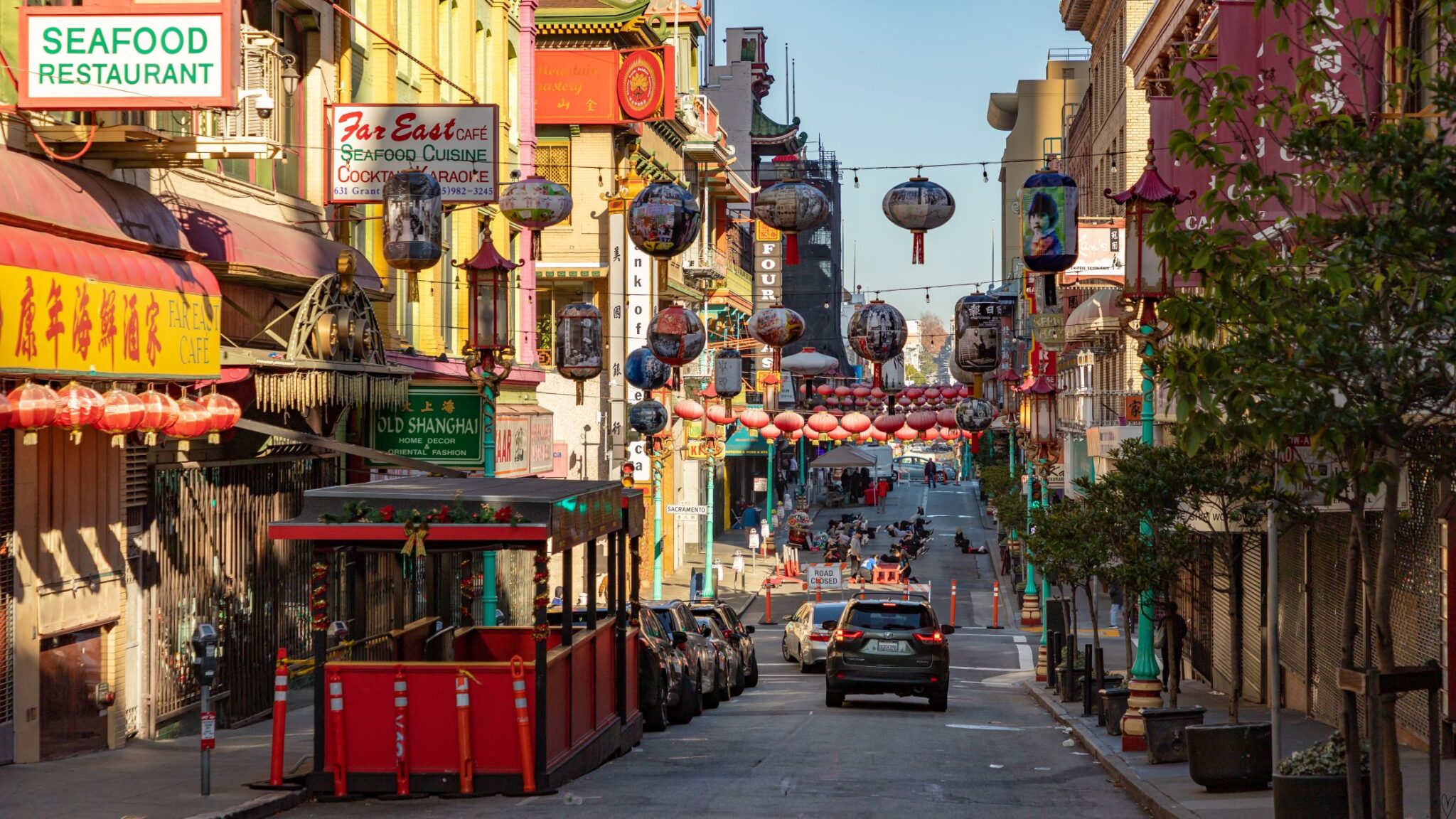 lanterns strung across the busy streets of Chinatown