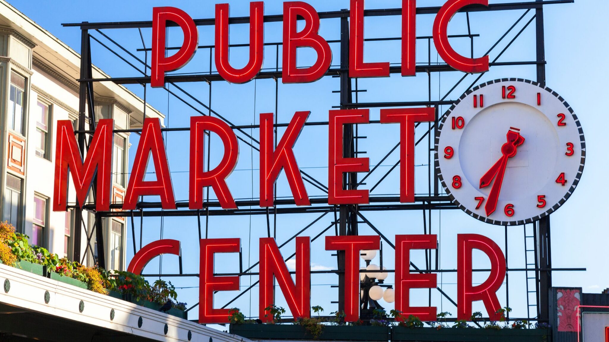 iconic red letters of Pike Place market in Seattle