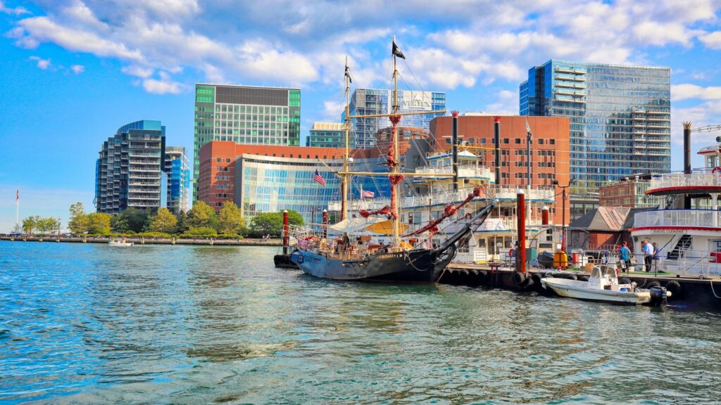 Boston waterfront featuring the USS Constitution