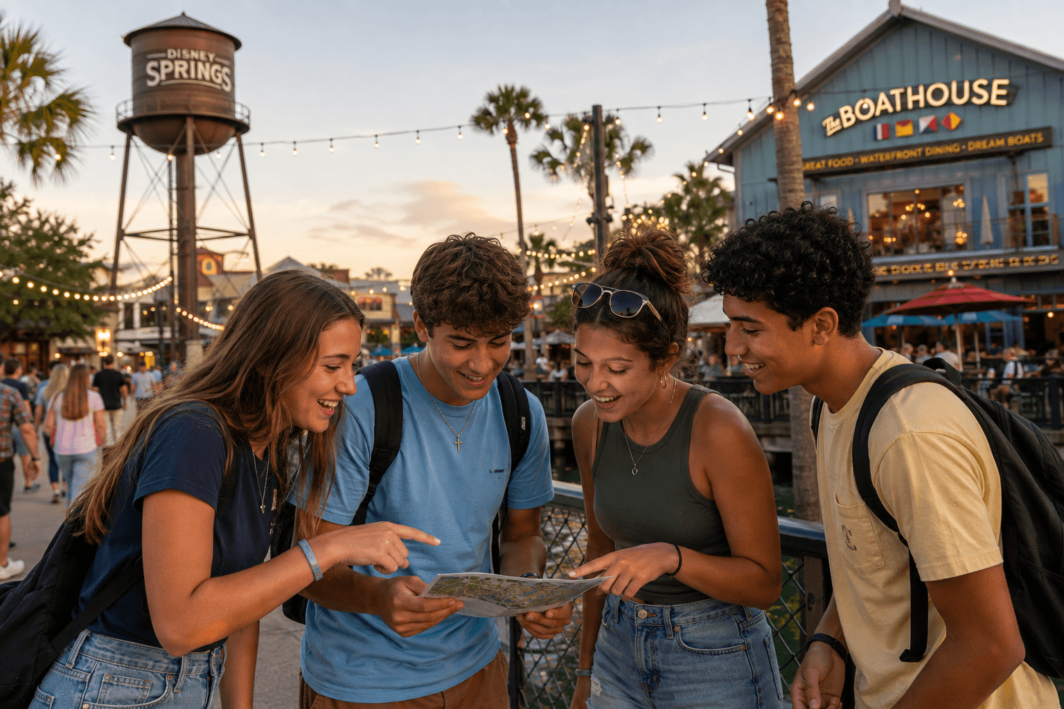 4 teens looking at a map at a waterfront park