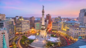 downtown Indianapolis ariel view in evening