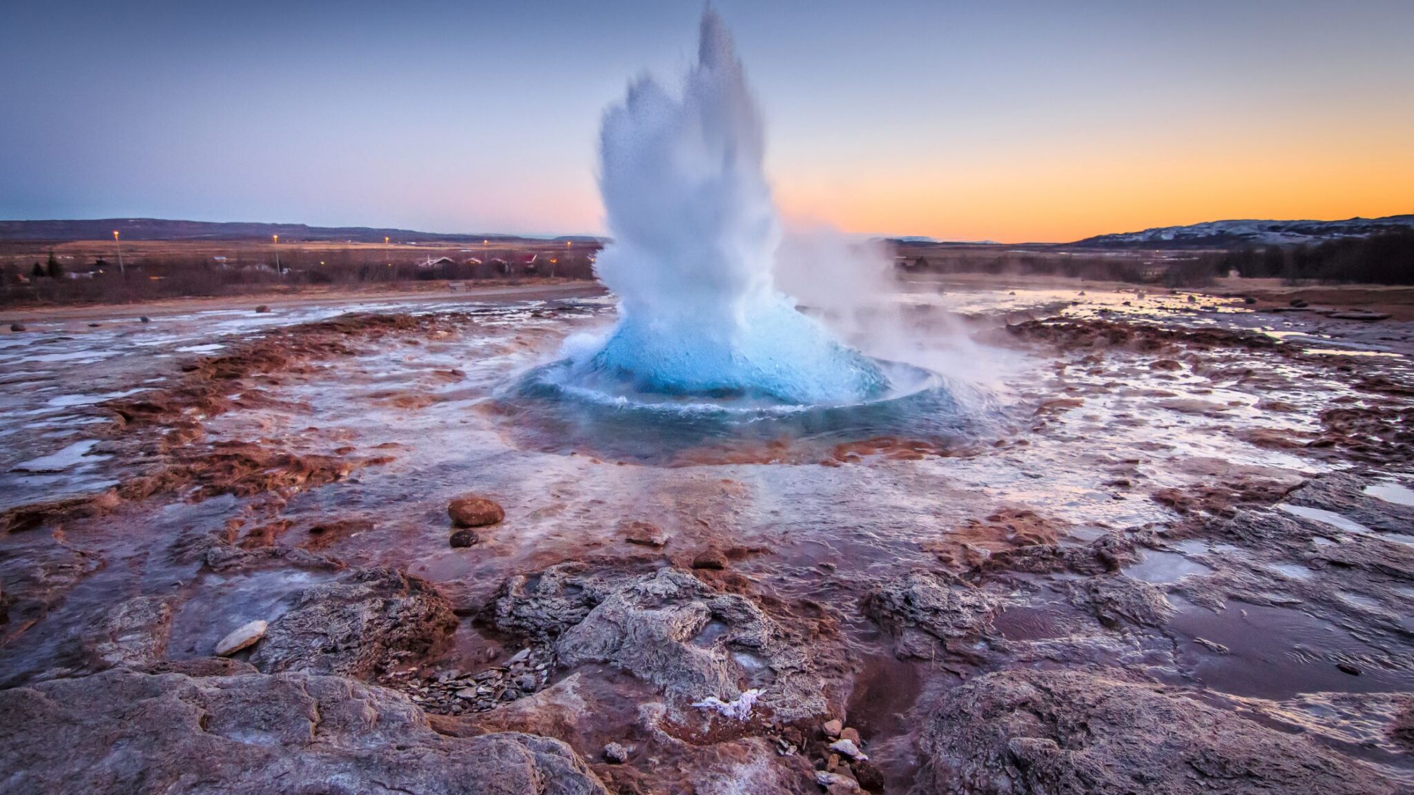 Icelandic geyser at sunset