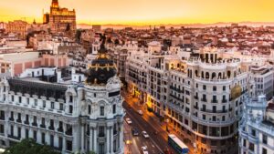 arial view of the city of Madrid at sunset
