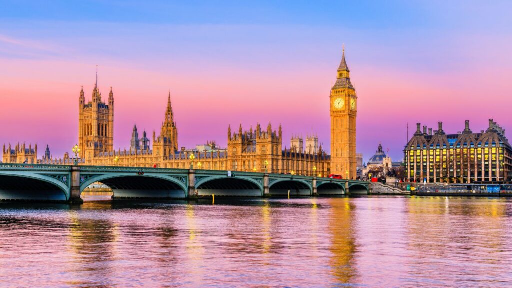 sunwashed view of London Bridge and Big Ben