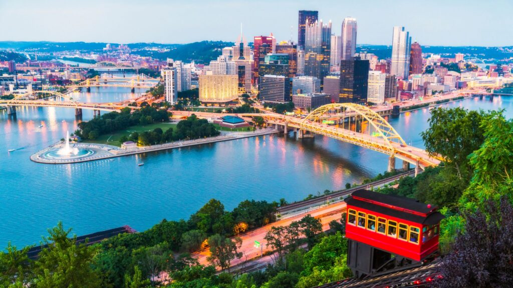Pittsburgh city skyline view from Mt. Washington with incline in foreground and Point in background